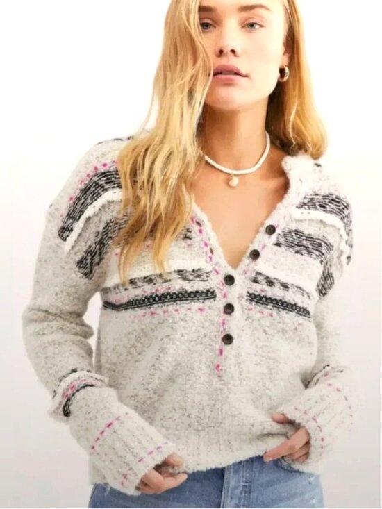Free People Sweaters - Free People Women's "Color Pop" Henley Knit Crop Sweater-(Estimated) Size L/XL